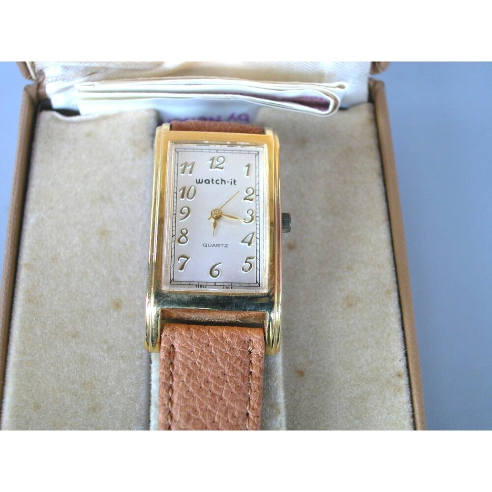 Watch-It Quartz Gold-Tone Rectangular Watch With Brown Leather Strap